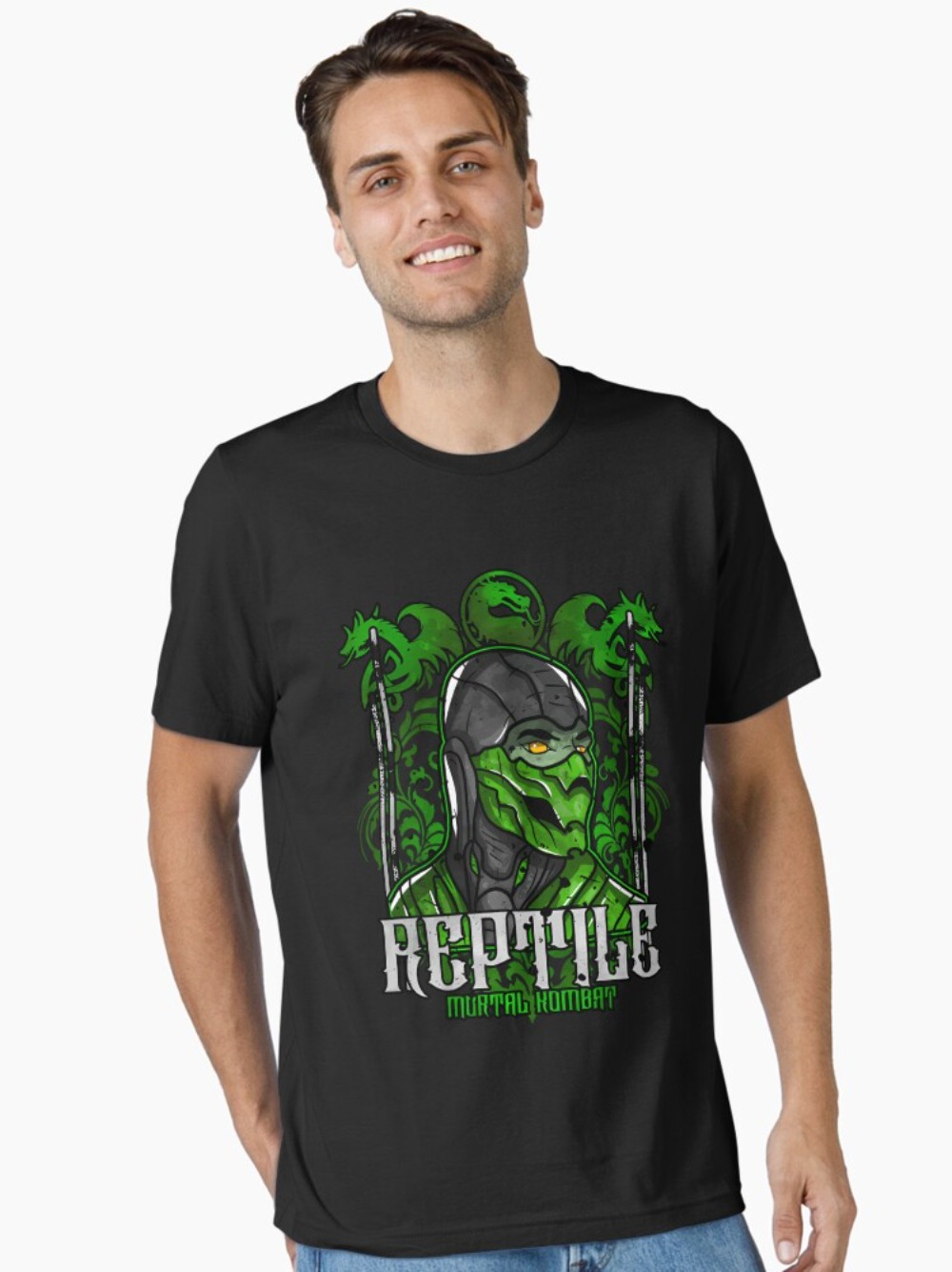 Esports Gaming Shirts - เสื้อยืดพิมพ์ลาย Mortal Kombat Reptile ลายกราฟิกนินจาสีเขียว เสื้อยืดวิดีโอเกมย้อนยุค